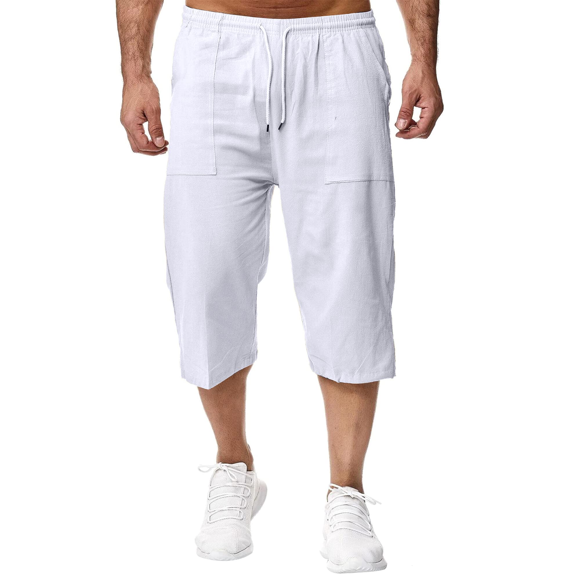 Męskie lniane szorty 3/4 długości spodnie letnie spodnie plażowe joga joggery codzienne spodnie dresowe