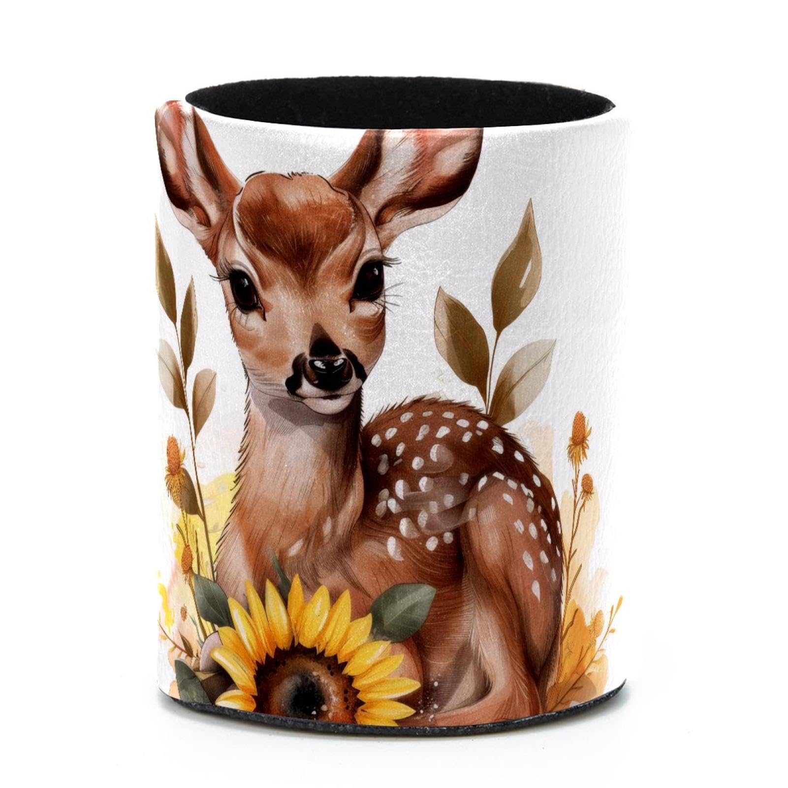 VAPOKF Round Pencil Holders for Desk, Deer Sunflowers Pen Holders Pen Pot Makeup Brushes Storage Desktop Stationery Supplies Organiser for Home Office