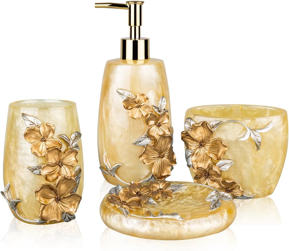 Classical Solid Gold Floral 4 Piece Bathroom Accessory Set with Liquid Soap Dispenser,Toothblush Holder,Tumbler and Soap Dish Gold