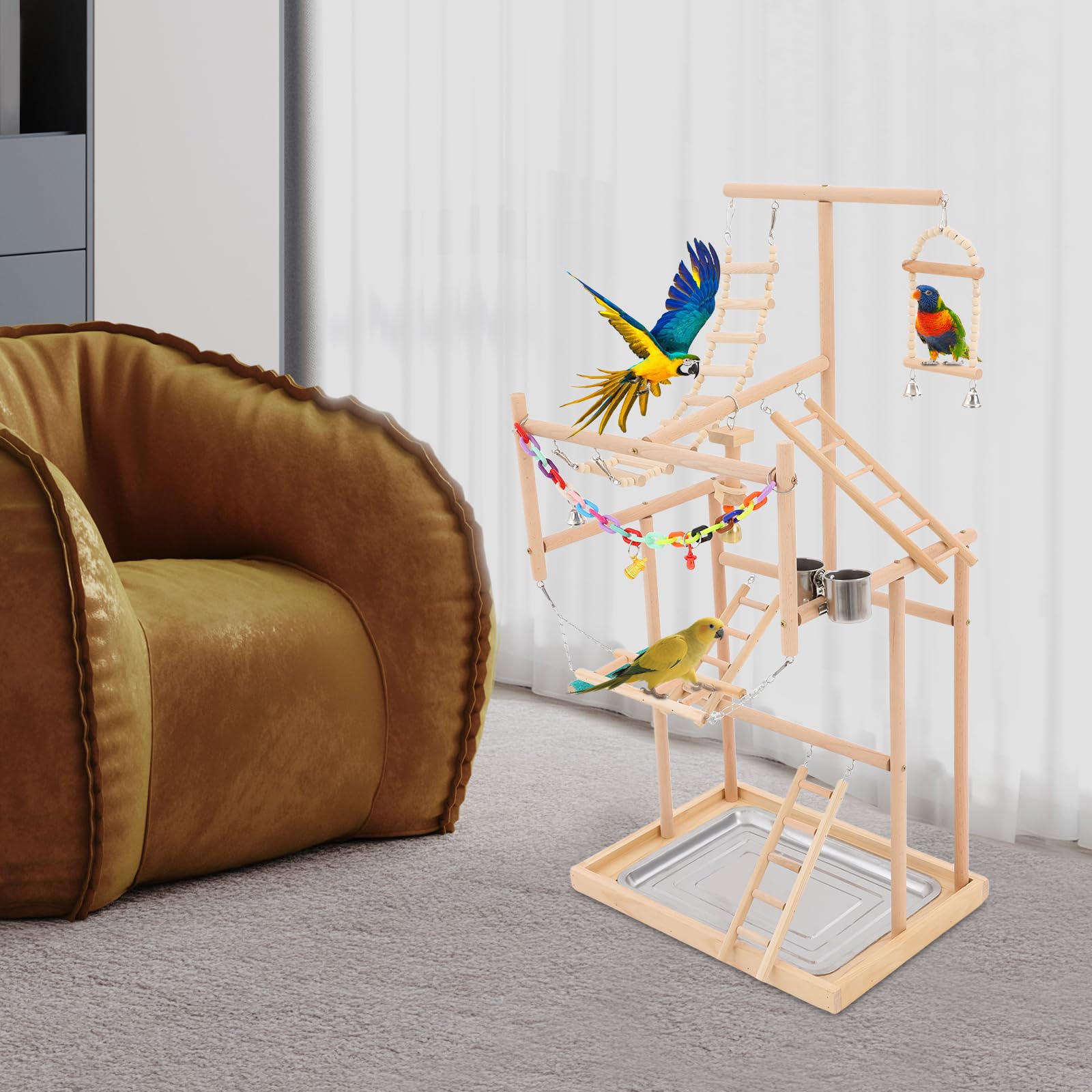 Cavalletto per pappagalli, parco giochi per uccelli, 48 x 33,5 x 94,5 cm, in legno naturale, con ciotola per mangime e supporto per pappagalli, parrocchetti