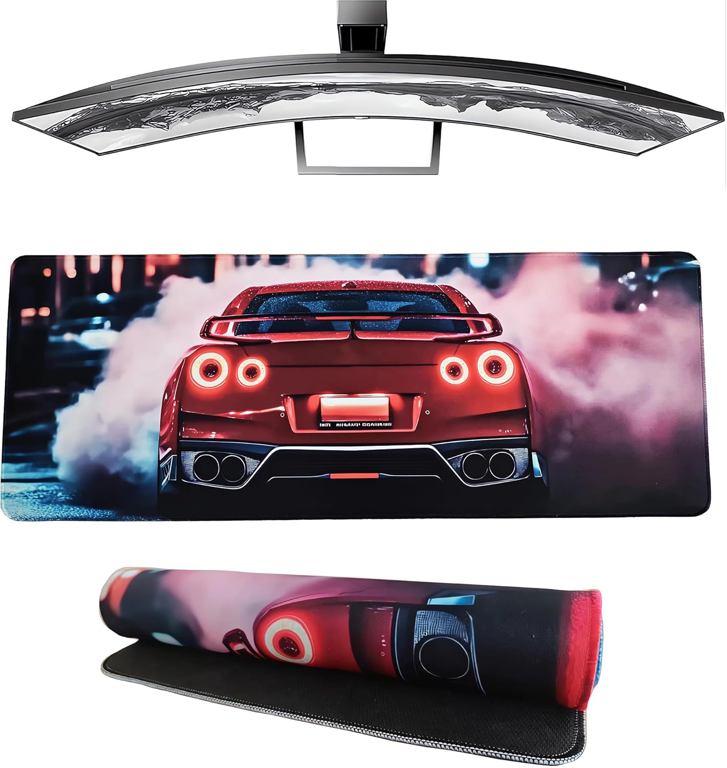 Large JDM R34 Car Mouse Pad, Red Smoke City Desk Mat, Extended Gaming Mouse Pad for Office & Home, Non-Slip Rubber Keyboard Mat Decor 31.5" x 11.8"