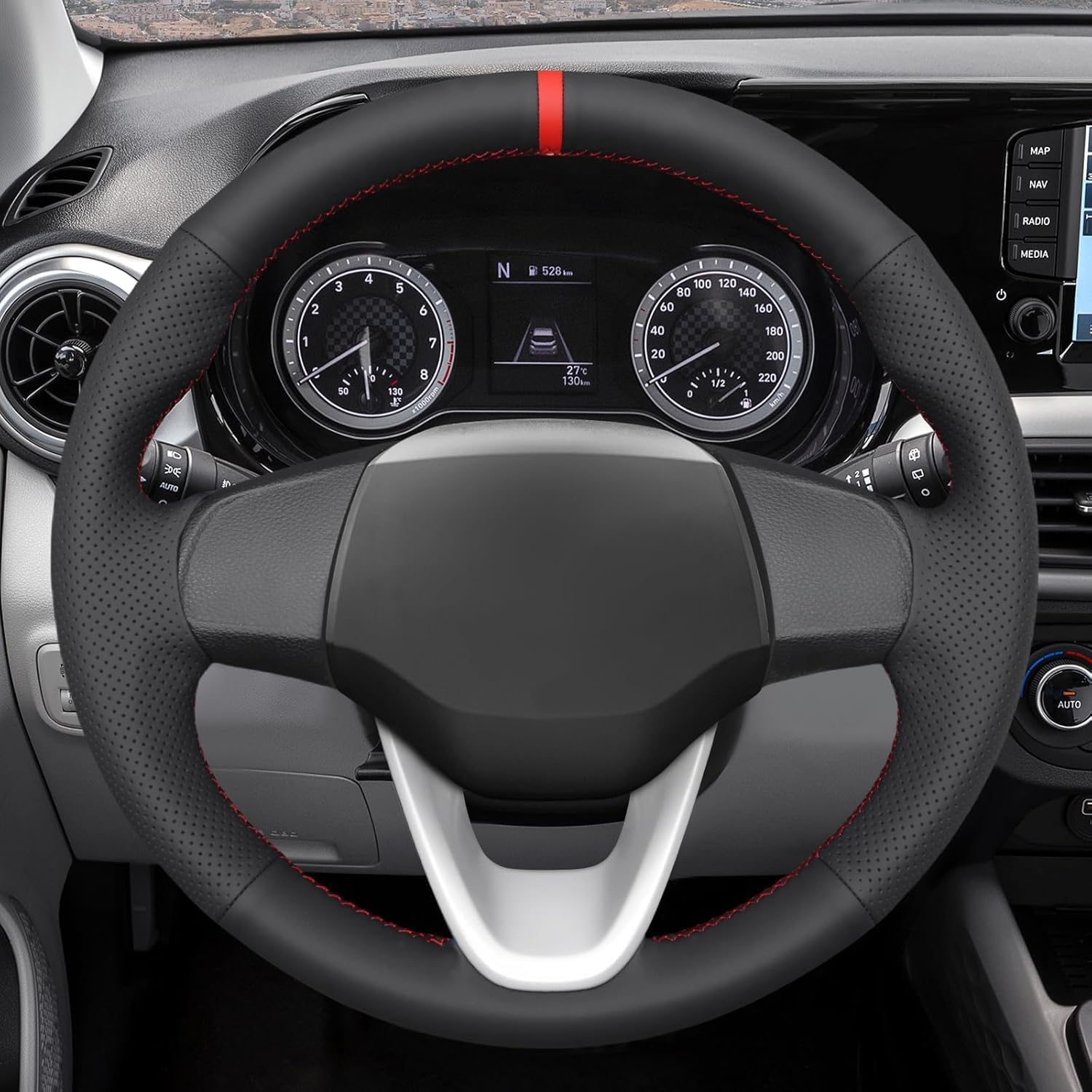 Black Genuine Leather Steering Wheel Cover for Hyundai Venue 2020 2021 Car Custom Fit OEM Accessories