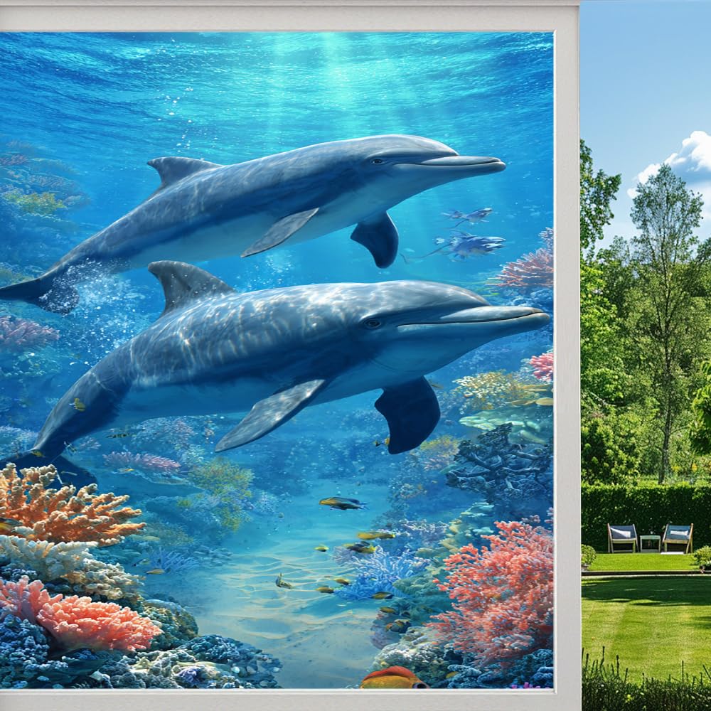 Tropical Dolphin Stained Glass Window Film, Underwater Coral Reefs Peel and Stick Privacy Film, Frosted Adhesive Vinyl Decorative for Bathroom Windows Glass Doors, （45x60cm）