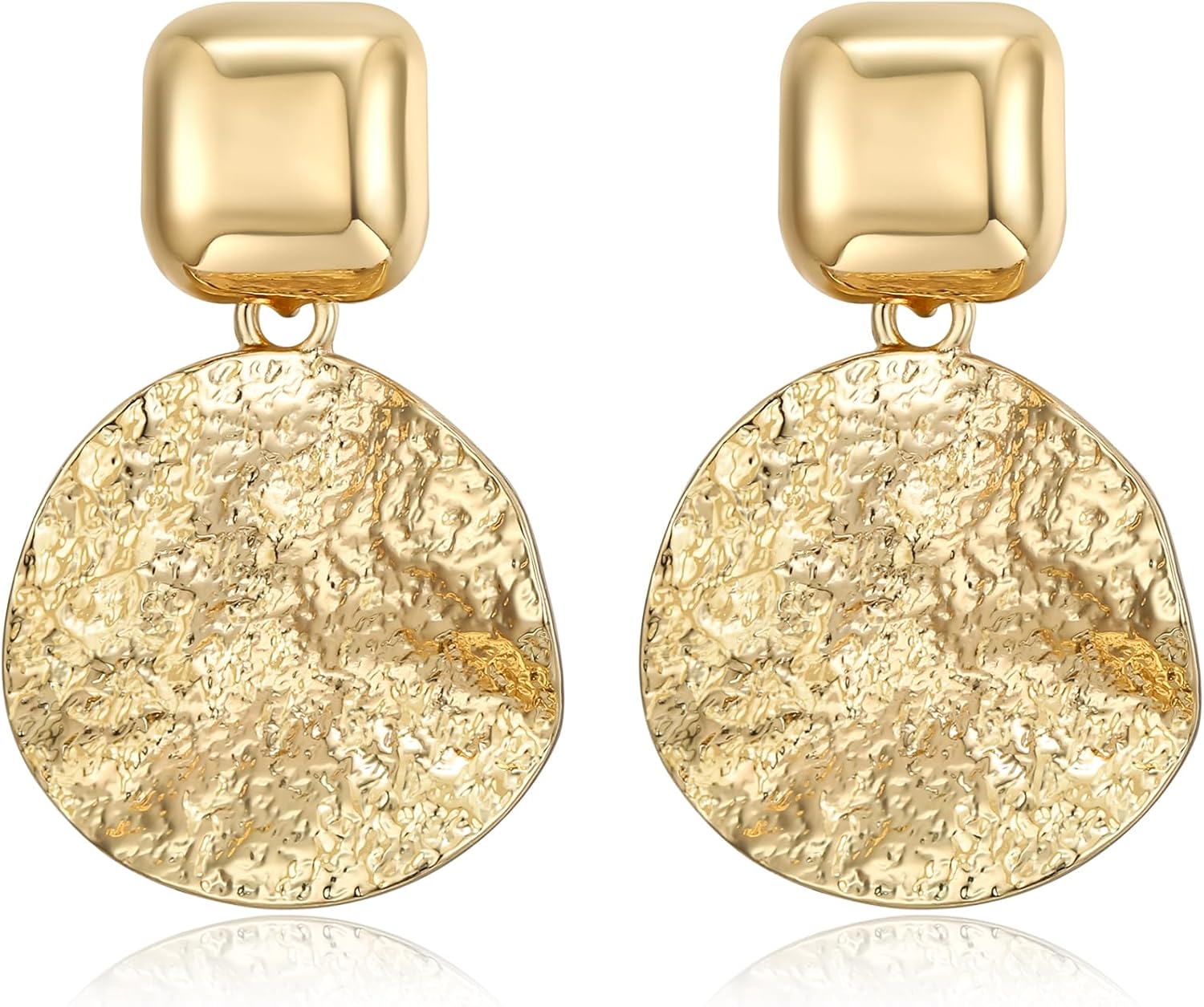 FANZE Gold Plated Earrings for Women, Geometric Hammered Chunky Dangle Earring Statement Jewelry Gift