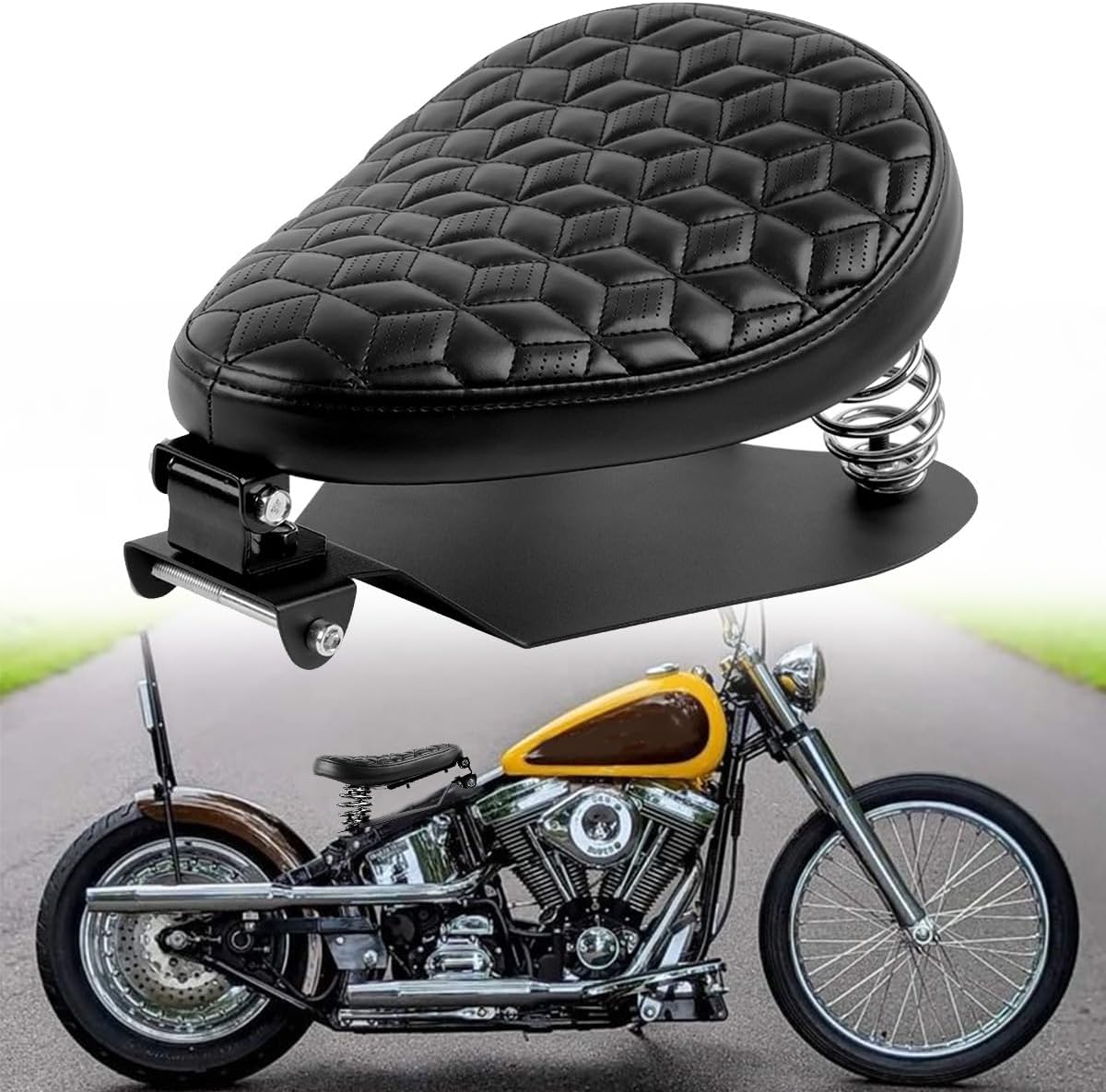 DREAMIZER Motorcycle Solo Seat w/Spring-mounted Base Black Universal Diamond-Stitch Front Bobber Seat Compatible with Sportster Dyna Chopper and More