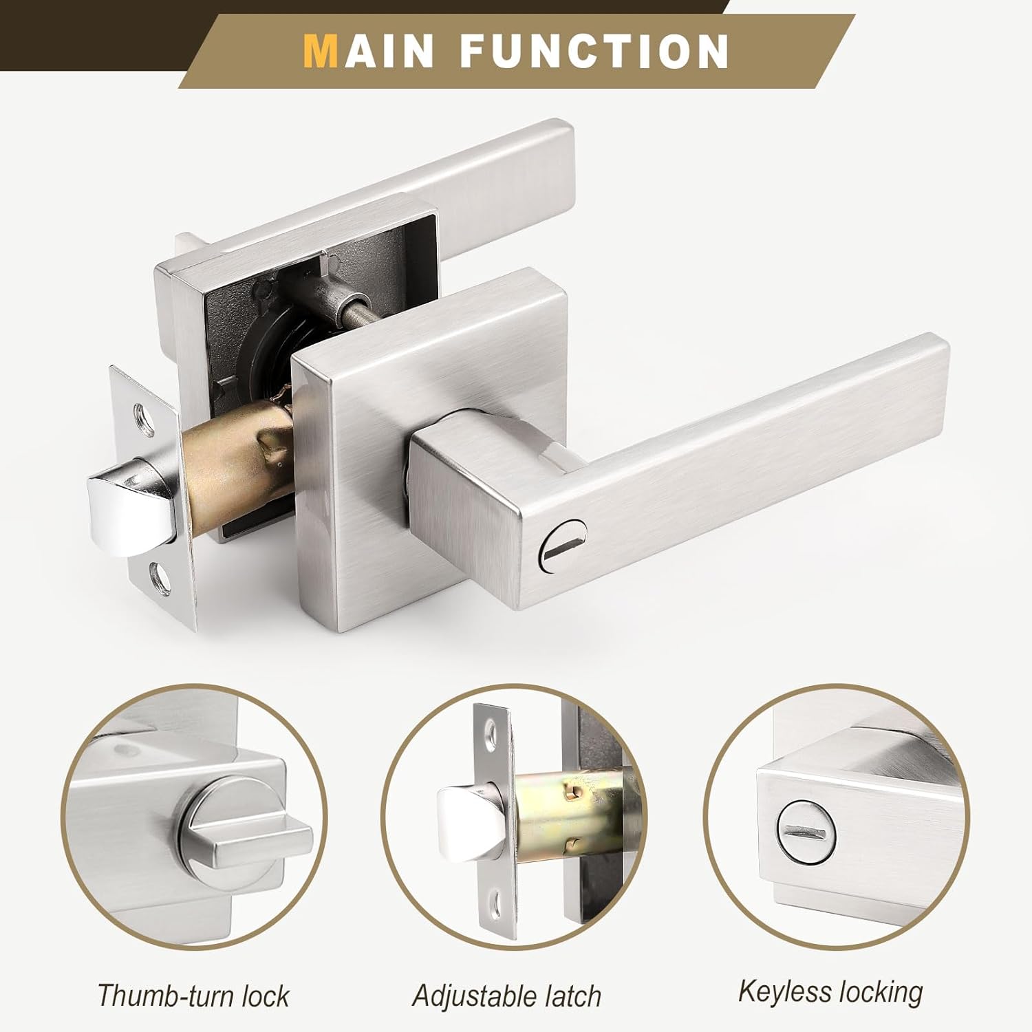 2 Pack Privacy Door Lever with Lock, Keyless Reversible Interior Door Handle for Right/Left Handed Doors, Satin Nickel Square Lock Set for Bedroom, Bathroom