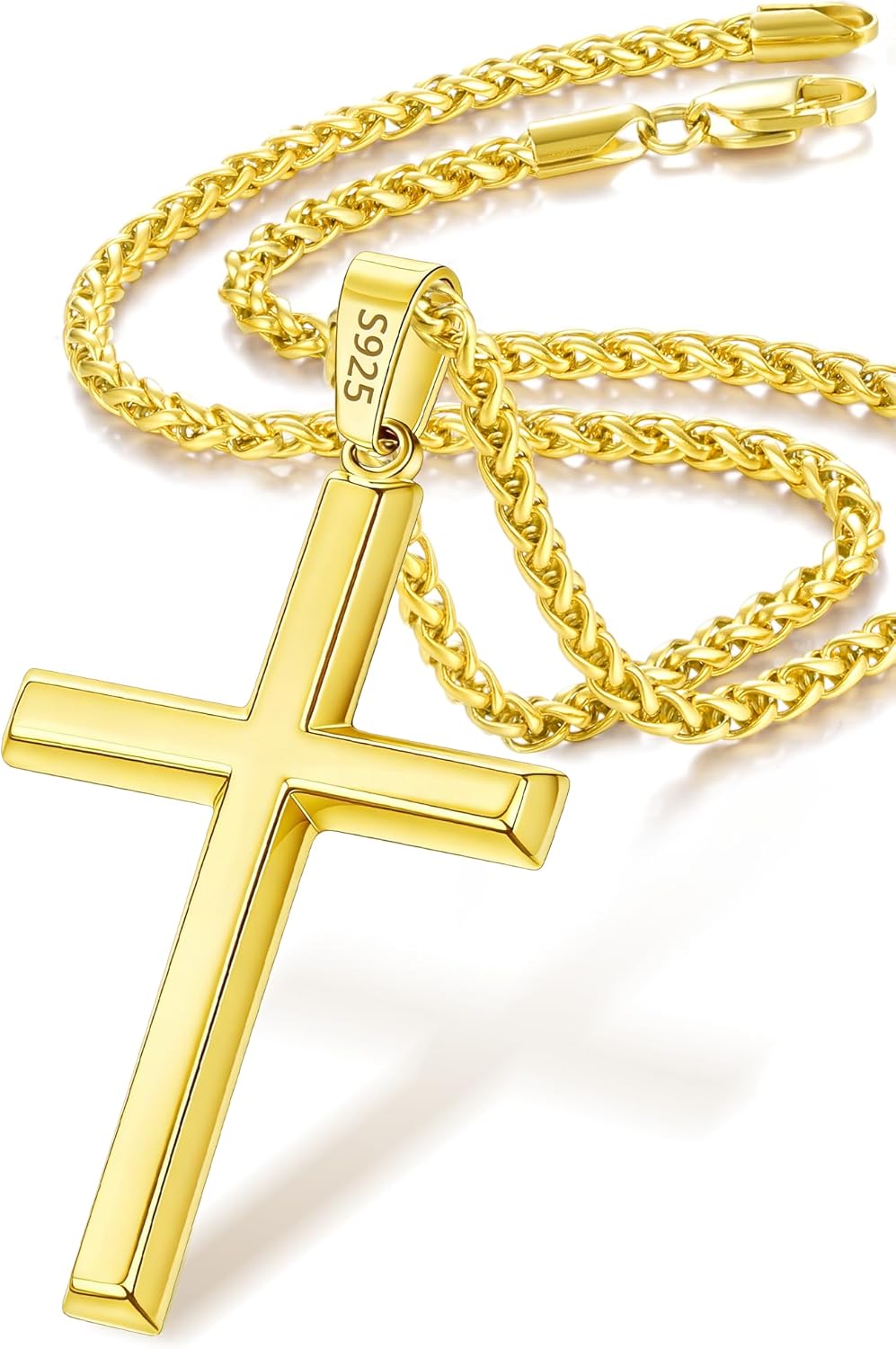 Italian 925 Sterling Silver Cross Necklace for Men Boys, 18k Gold Plated/Sterling Silver Mens Cross Necklace with 3mm Stainless Steel Wheat Chain, Jewelry Gifts for Men 18 20 22 24 26 Inch