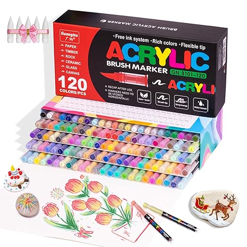 KsopiaVobs 120 Color Paint Markers, Soft Brush Tip Acrylic Paint Pens, Quick-Drying Waterproof Markers for Canvas, Rock, Wood, Stone, Glass, Ceramic, Fabric Painting