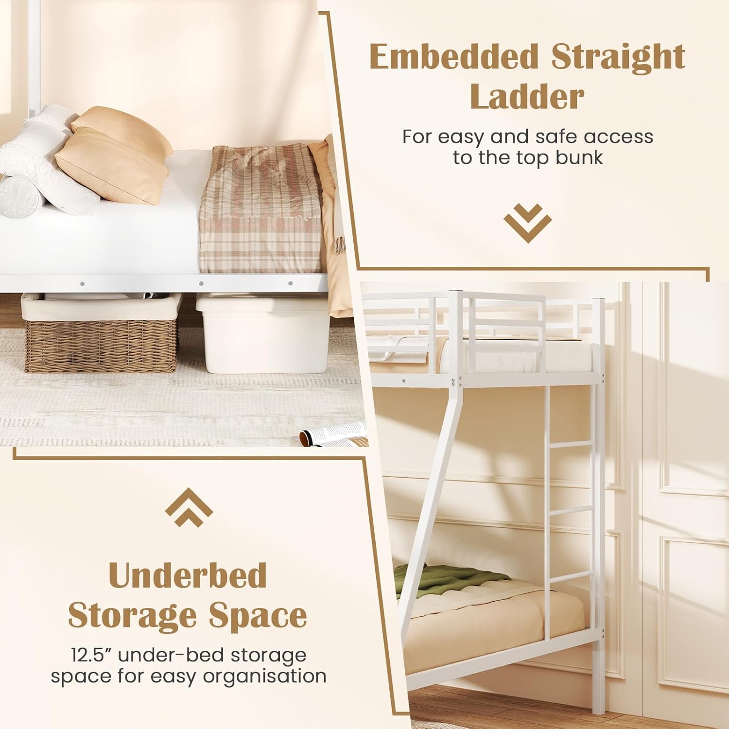 GORELAX Twin Over Full Bunk Bed, Metal Bunk Bed with Sturdy Guard Rail & Ladder, No Box Spring Needed, Noise Reduced & Space Saving Design, Bunk Bed Frame for Dorm, Bedroom (White)