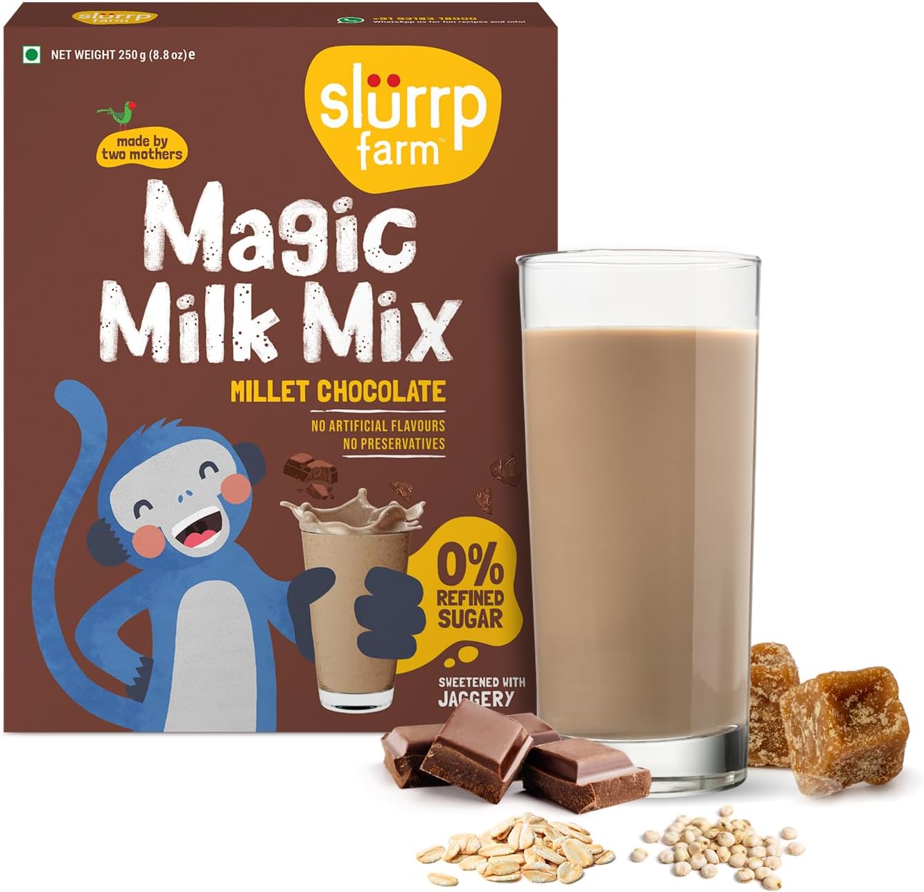 Slurrp Farm No Sugar Chocolate Nutrition Powder Milk Mix, Sweetened with Jaggery Powder, Contains Jowar and Oats, with 10 Essential Nutrients, 250 g