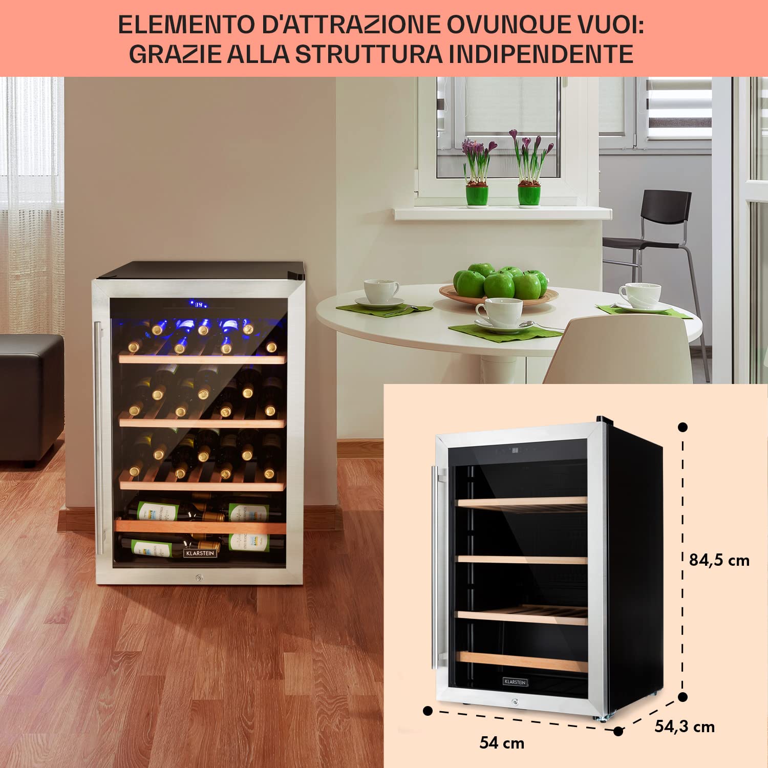 KLARSTEIN Cantinetta Vino, Frigo Bar con Vetrina, Mini Bar, Cantina Vino Refrigerata a Zona Singola per Interno/Esterni, 48 Bottiglie, 128L, Nero - Agrento