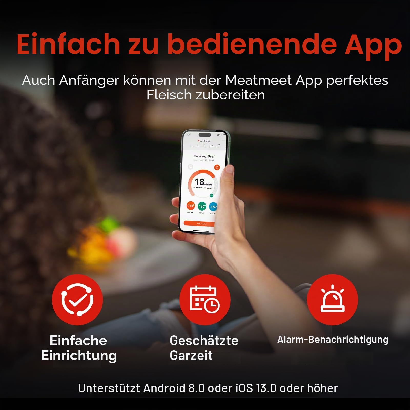 WLAN-Fleischthermometer | Kabellose Sonde mit großer Reichweite für Backofen, Grill, Heißluftfritteuse, BBQ | Doppelsensoren | IP67 wasserdicht