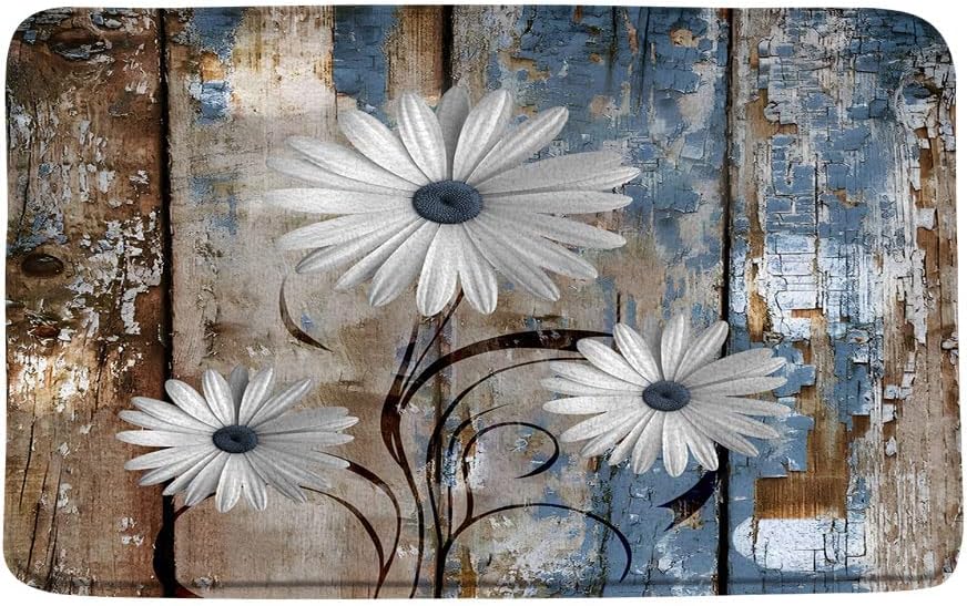 Farmhouse Floral Bath Mat Rustic Teal Daisy Flower Inspirational Quotes Butterfly Country Barn Wooden Turquoise Blue Bathroom Microfiber Memory Foam Bathroom Rug Doormat Kitchen Toilet Floor Rug