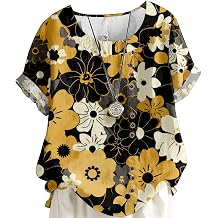 Floral Blouses for Women Short Sleeve Daisy Print Tops Summer Casual Loose Fit Lightweight Crewneck Button Shirts