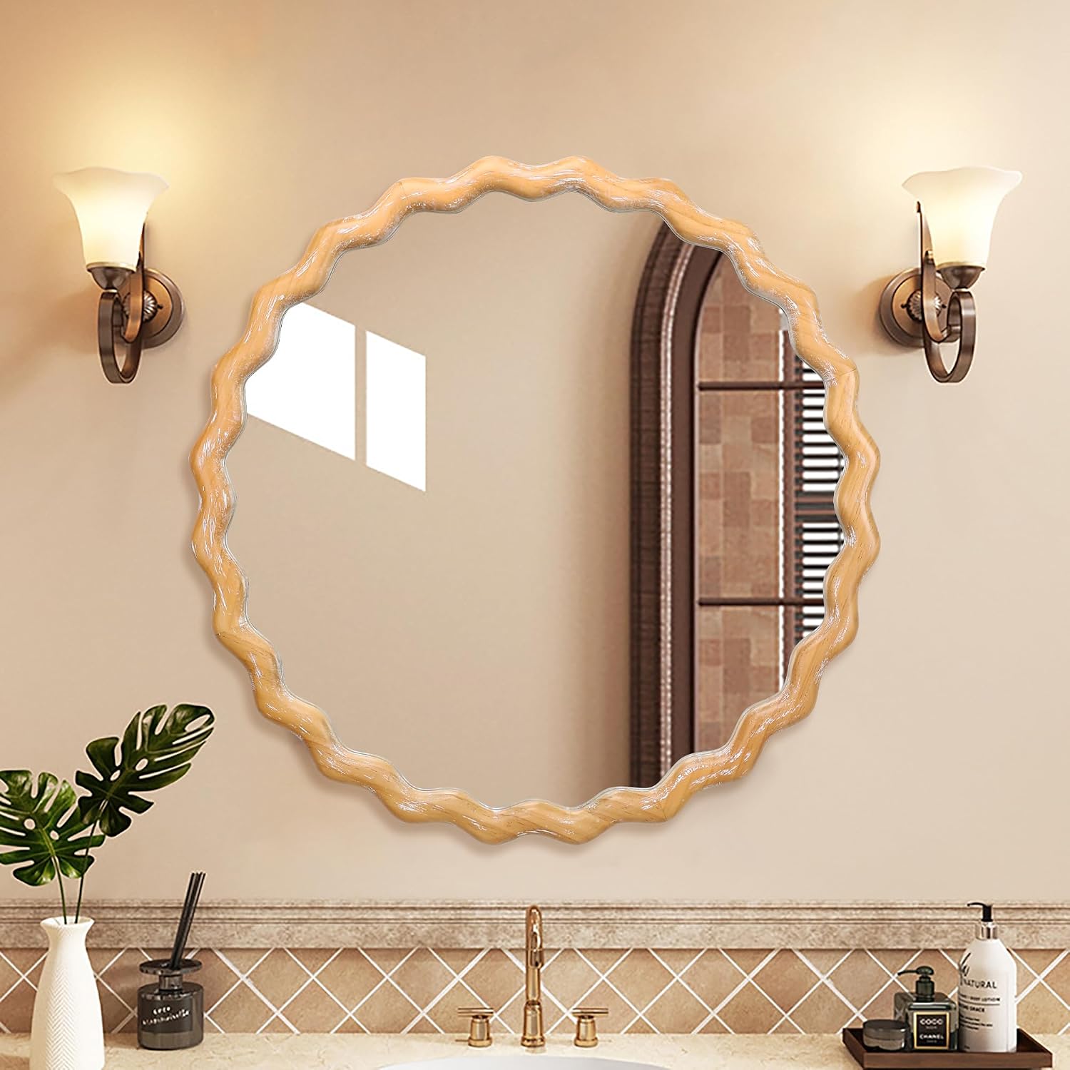 28" Round Wavy Wall Mirror for Bathroom Vanity, Scalloped Circle Mirror for Bedroom, Whitewashed Decorative Squiggle Mirror for Living Room, Entryway Decor, 1:1 HD Reflection (27.5" Diameter)