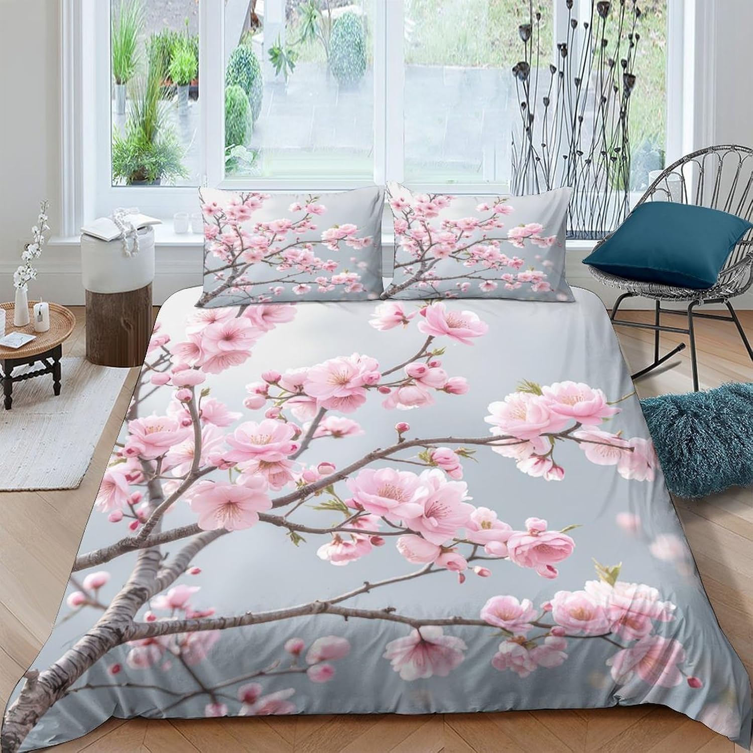 Funda Nordica Cama 135/150 Rama de Flor de Cerezo 3D Ropa de Cama Microfibra Suave Estilo Japonés Funda de edredón 220x240 cm con Cremallera y 2 Funda de Almohada 50x75 para Cama Doble L.5499