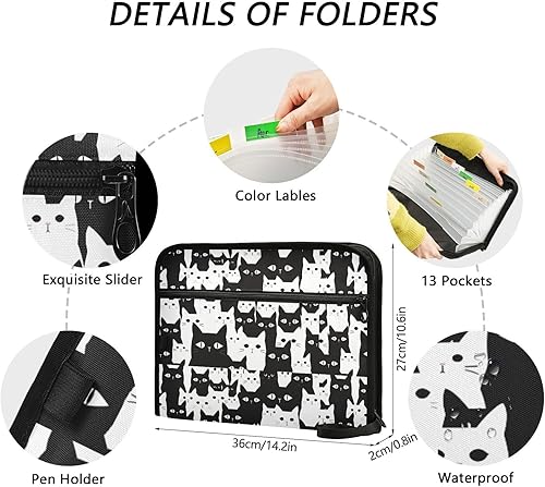 Miniatura 3 de Bonita cara de gato con ojos grandes, organizador de archivos expansible con 13 bolsillos, tamaño A4, carpetas colgantes de archivos con cierre de