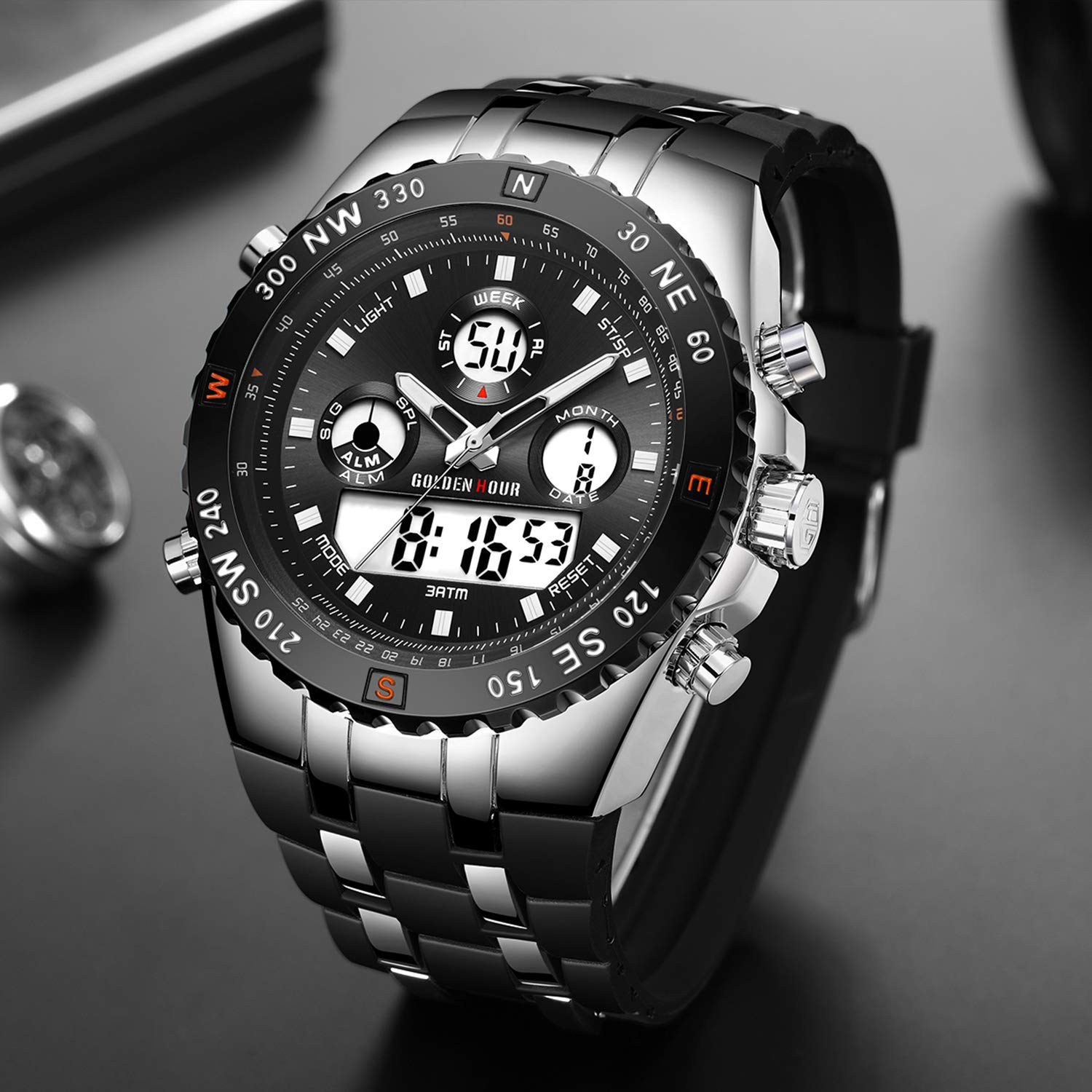 Orologio sportivo da uomo, impermeabile, cronometro, data, sveglia, luminoso, digitale, analogico, militare, con cinturino in gomma