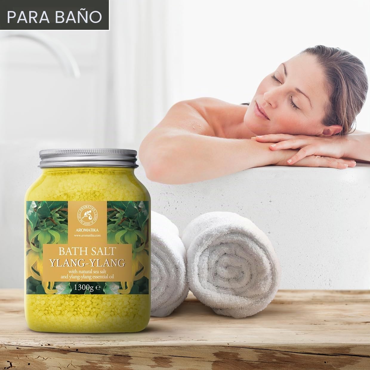 Sal de Baño con Aceite Esencial Ylang Ylang - 1300g - Espuma de Baño - Baños de Burbujas - Cuidado del Cuerpo - Buen Sueño - Bienestar - Relajación - Aromaterapia - Aroma Ylang