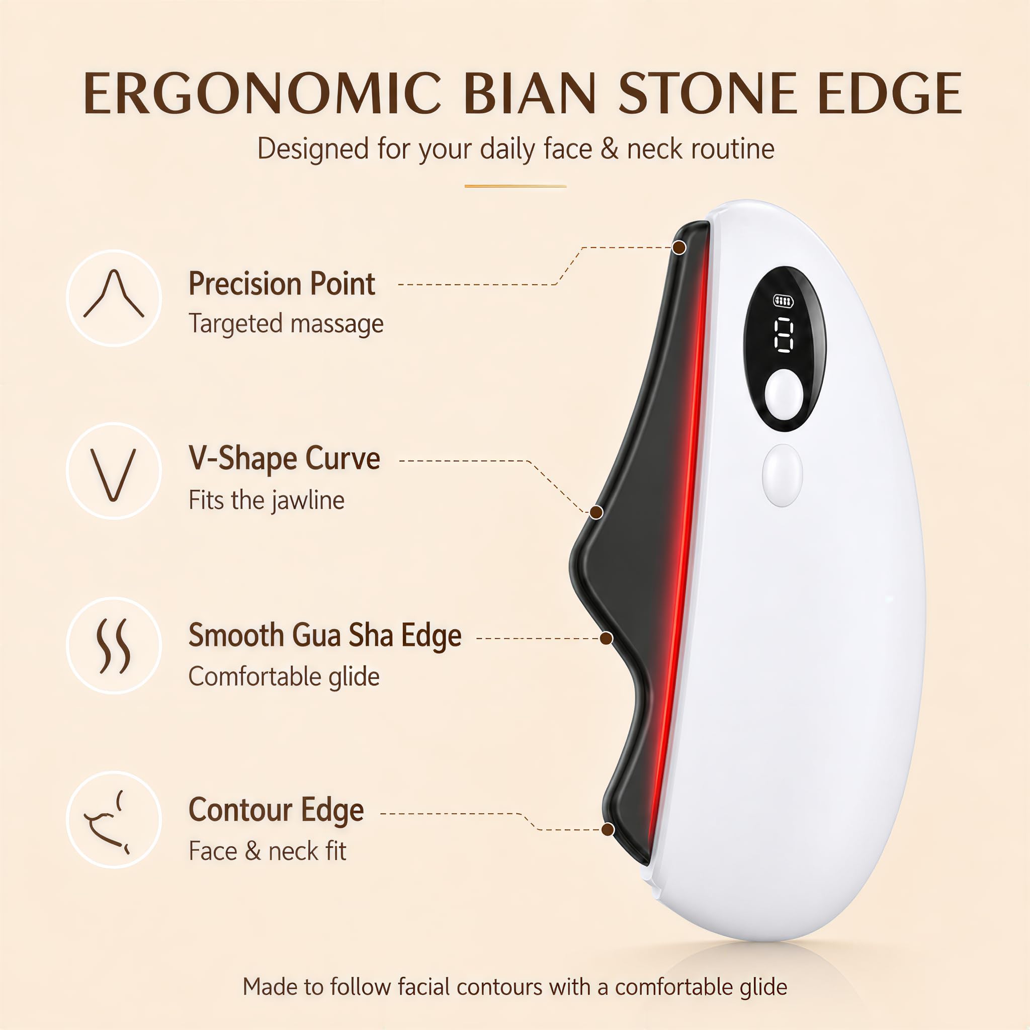 Masajeador facial eléctrico Gua Sha, herramienta de masaje facial y cuello con luz roja suave, borde de piedra Bian, 9 niveles de calor, 3 modos de vibración, pantalla LCD, herramienta recargable Gua