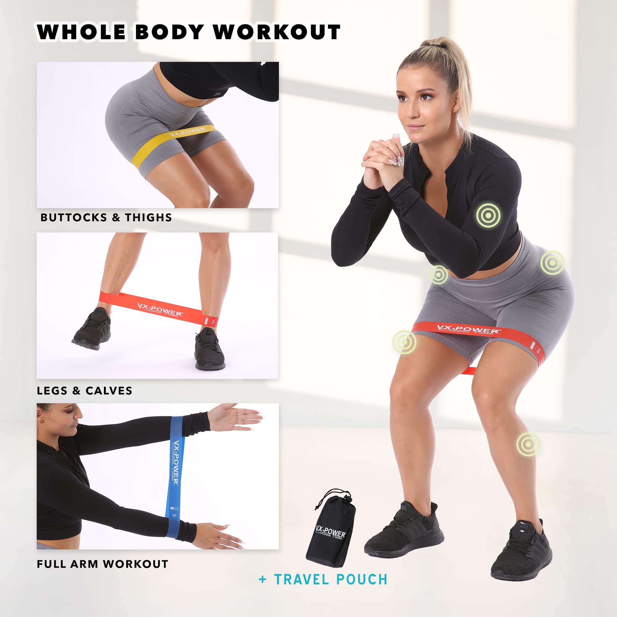 VX-Power - Set di 5 fasce elastiche resistenti in lattice per casa, palestra, all'aperto, yoga e fisioterapia – esercizi per bottino e gambe squat per donne e uomini – borsa per il trasporto gratuita