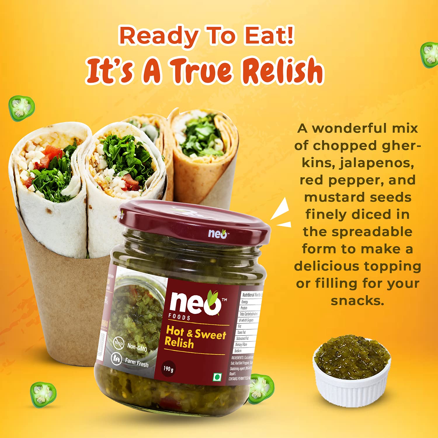 Neo Hot & Sweet Relish 340g I P4 I 100% Plant BasedI Ready-to-Eat Fibre-Rich I Dip for Snacks, Mix in Salads I Use as Sandwich Spread, Chutney I Healthy Food (Pack of 4) 4