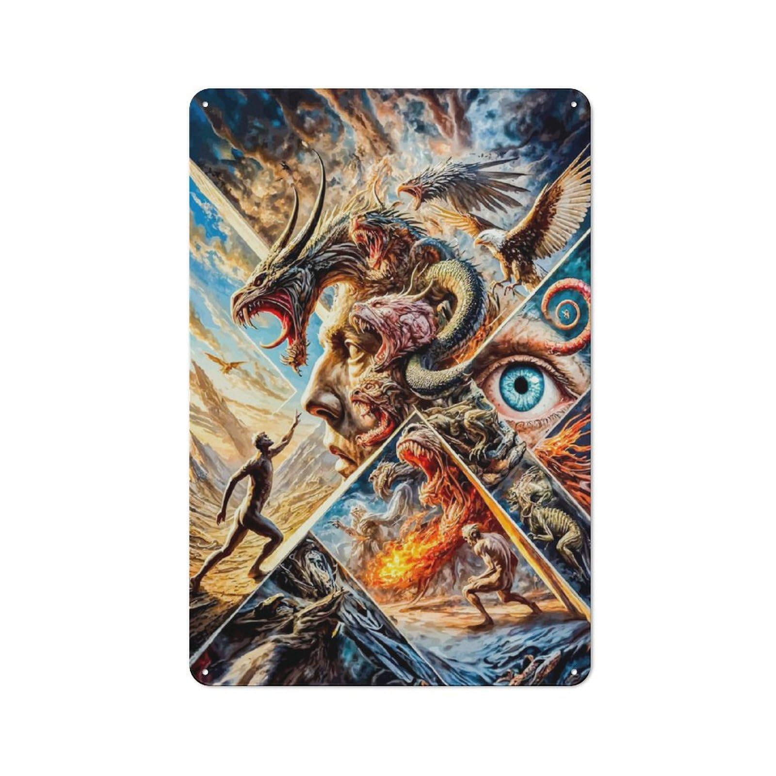 Man Facing Monsters Metal Wall Plaque, Clean Printed Wall Decor for Home Bar, Pub Room Or Drinks Corner, 30x20cm