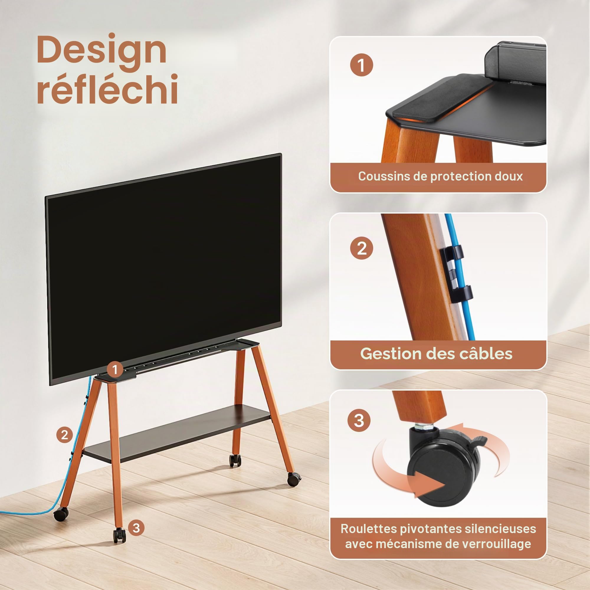 Support TV à roulettes pour téléviseurs de 49 à 75 pouces jusqu'à 40 kg, design chevalet avec structure en métal et étagère en bois, support TV mobile sur roulettes pour magasin, bureau, école