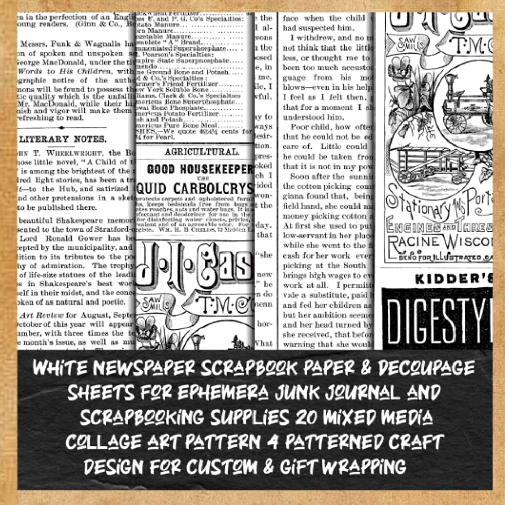 White newspaper scrapbook paper & Decoupage sheets for ephemera junk journal and scrapbooking supplies 20 mixed media collage art pattern 4 ... decorative pad (antique brown newspaper)