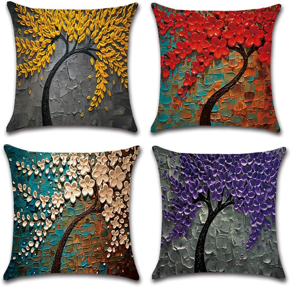 Feather Cushion Covers Square Decorative Pillow Covers Cotton Linen Throw Pillow Covers Set of 4 Cushion Covers 18 x 18 inch, 4 Packs (Feather)