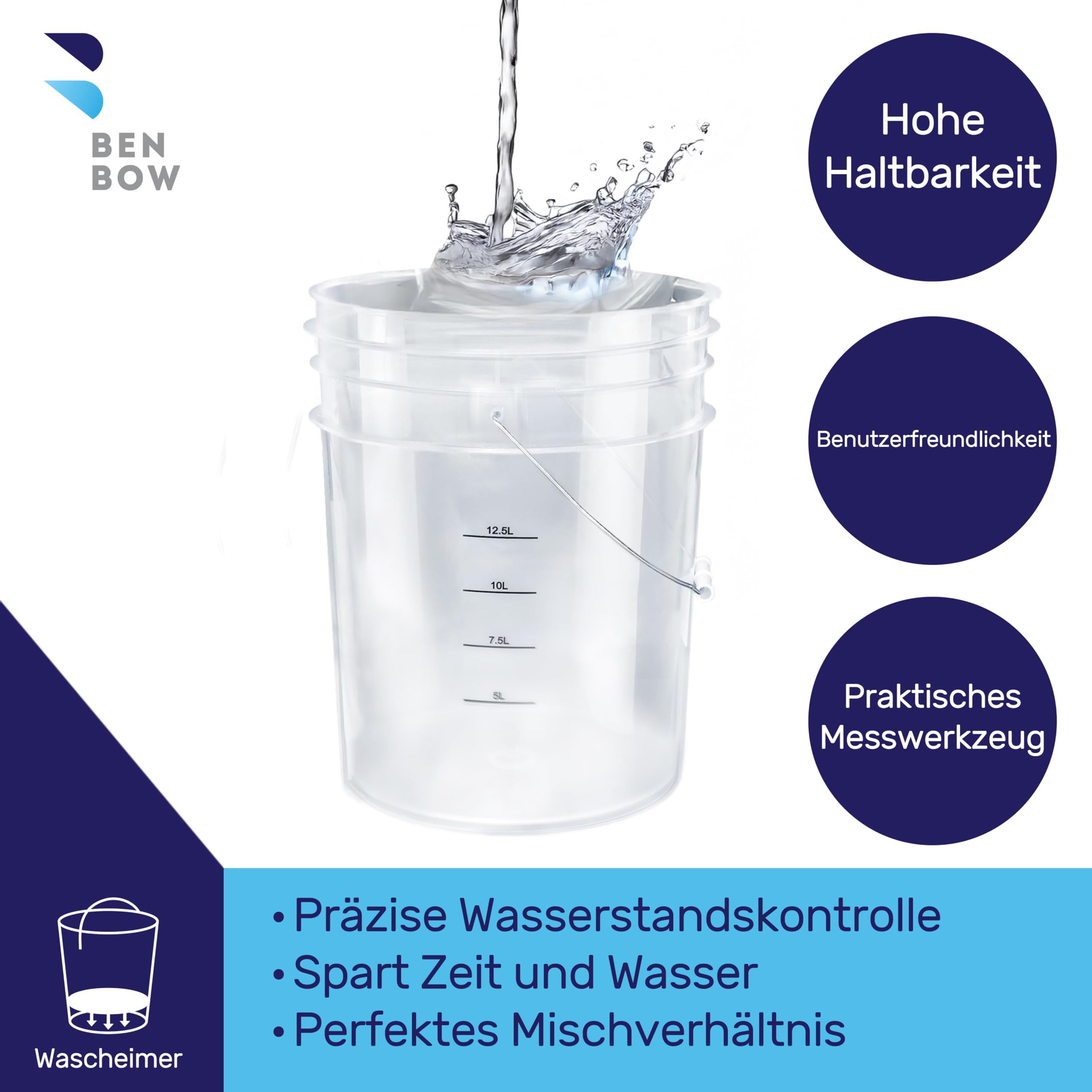 BenBow - Wascheimer mit Schmutzsieb - 20 Liter transparent - Robust langlebig und ideal für die professionelle Hand-Autowäsche und Werkstattanwendungen - Waschanlage - perfekt zum Sauberhalten