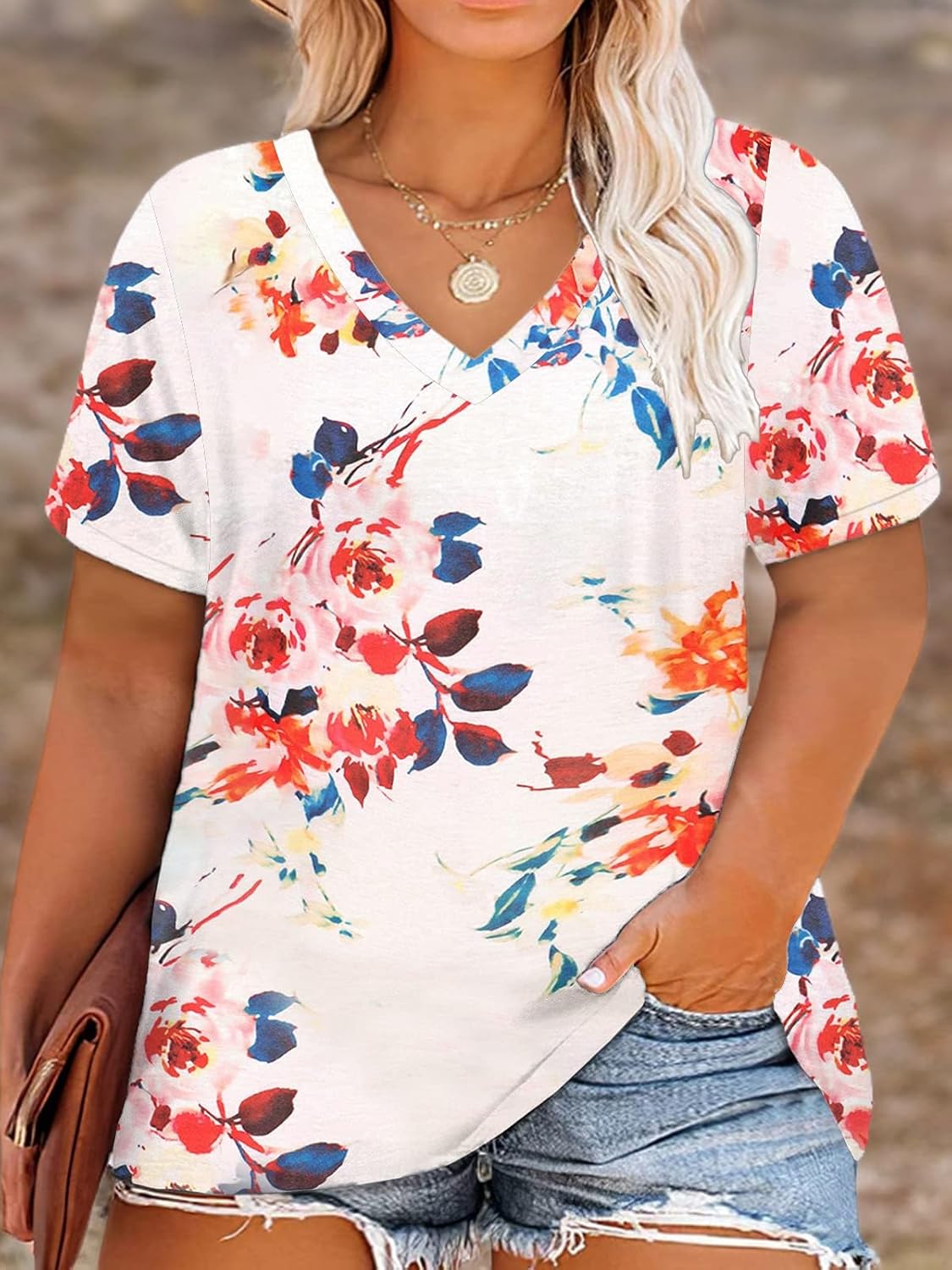 DOLNINE レディース プラスサイズ トップス 半袖 Vネック カジュアル ベーシック Tシャツ チュニック, 01_フローラル