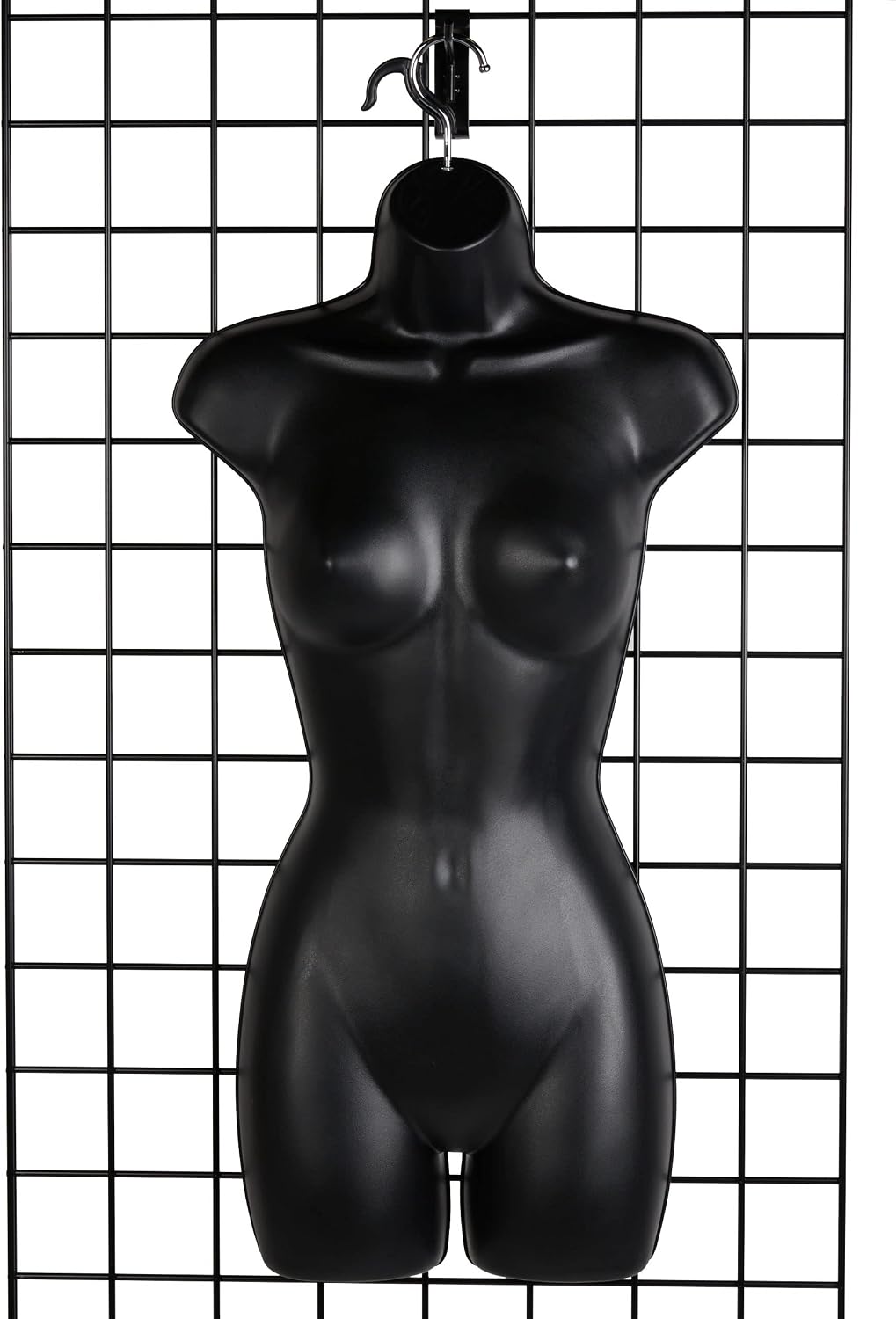 Female Molded Shatterproof Black Plastic Shapely Torso Form with Hook - Fits Women’s Sizes 5-10 - Hanging Fashion Form Mannequin to Display Top and Bottom Merchandise