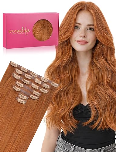 WENNALIFE Seamless Clip In Hair Extensions Human Hair, 20 Inch 150g 7pcs Dirty Ginger Real Hair Extensions Clip in Human Hair Invisible PU Skin Weft Natural Remy Human Hair Extensions