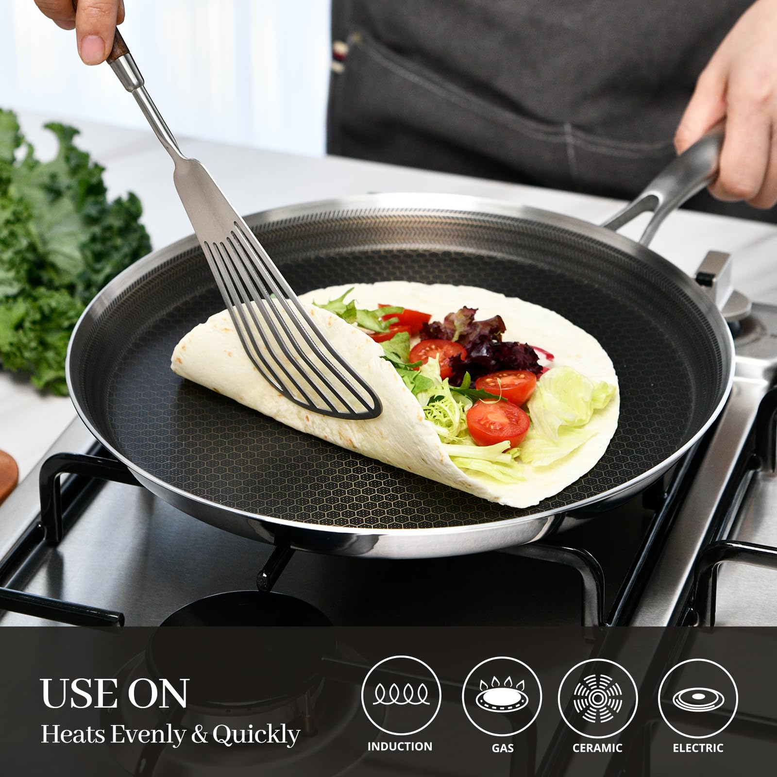 Sartén antiadherente para crepes con esparcidor y espátula, sartén para panqueques de 11 pulgadas para Dosa Tawa, freír huevos, tortillas, burritos, tako, acero inoxidable