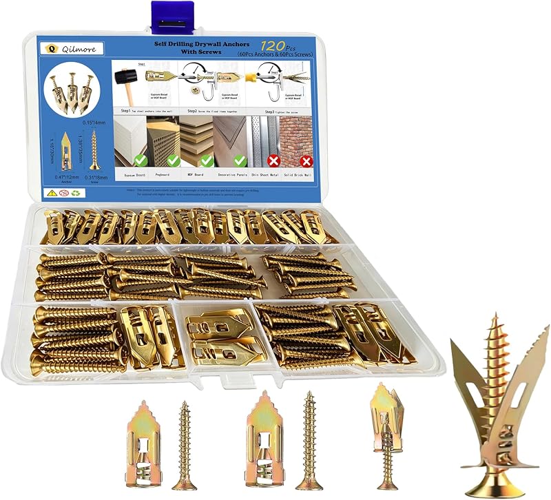 120pcs Self-Drilling Drywall Anchors with Screws kit, Max Hold up to 75bls | Metal expansion bolts(0.47x1.38inch) and #8 screws, No pre-drill hole required wall anchors for picture ,TV mount,wall decor