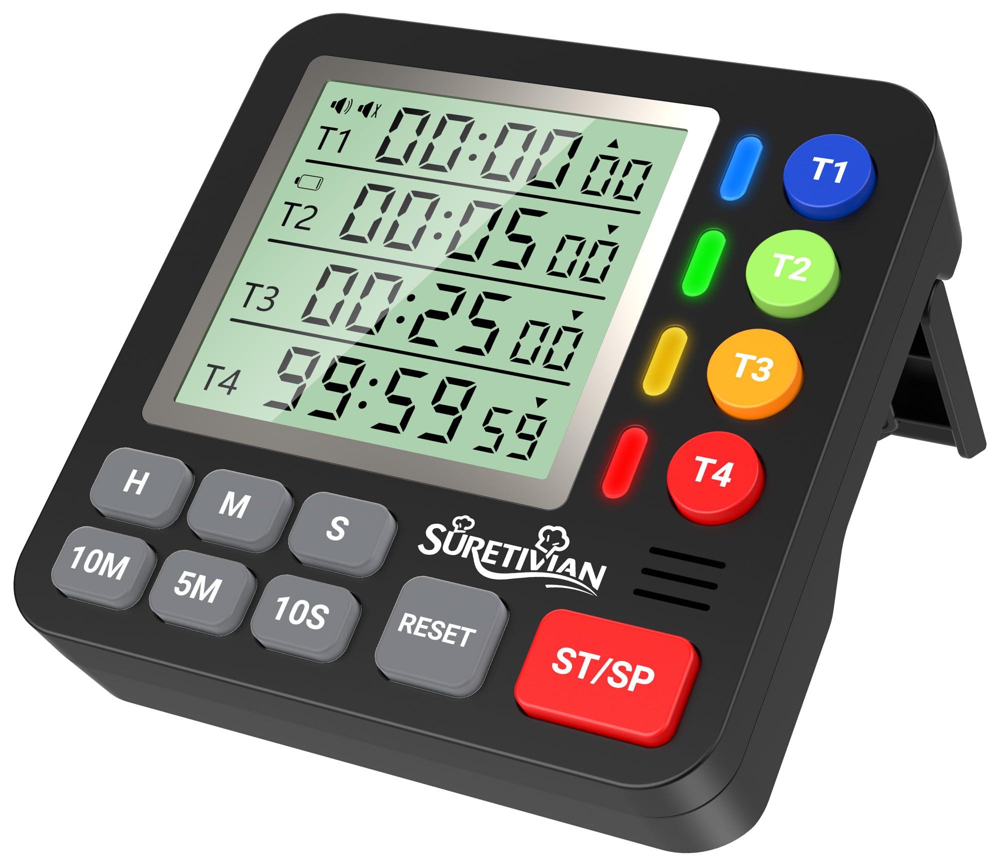 4-Kanal Küchentimer Digital mit Großer LCD-Anzeige Lautlos-Modus & Laut Ton