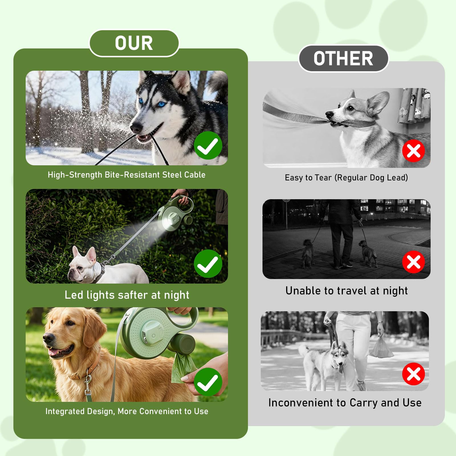 Laisse Chien Enrouleur,Laisse Flexi 8m,360° Anti-nœuds,avec Un Boutton S'arrêter Bloquer,Lampe LED,Porte-Sacs à Déjections Canines,Jusqu'à 35 kg,pour Petit, Moyen et Grand Chiens (Vert)