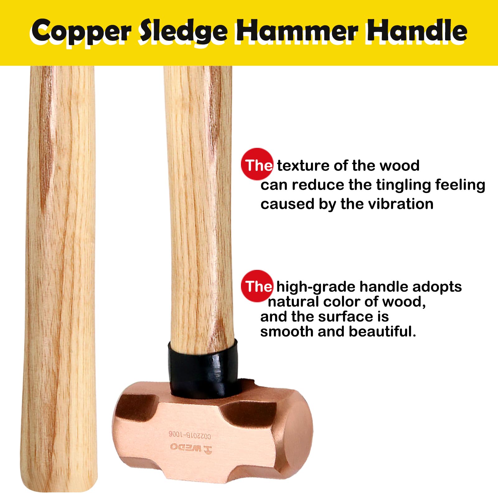 WEDO Kupferhammer,450g Kopfgewicht,310mm Länge, mit Holzgriff, langer gerader Griff, verstärkte Kopf-Griff-Verbindung, für Gartenarbeit und Bauwesen
