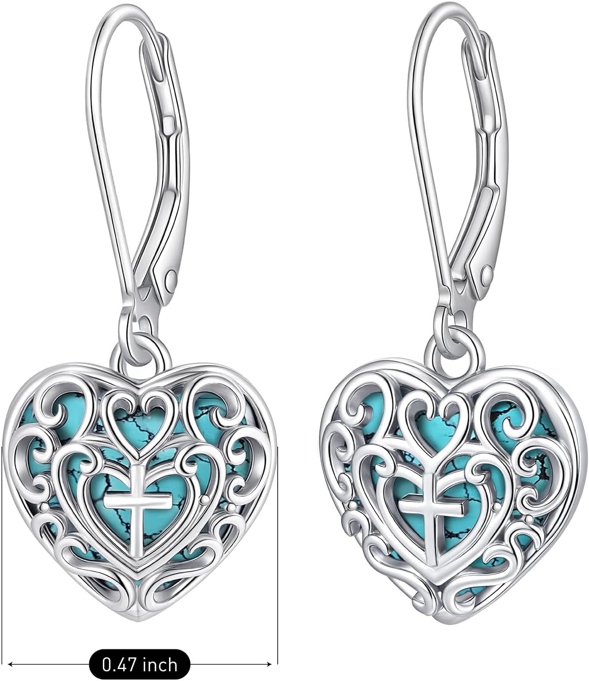 Turquoise Dangle Earrings for Women Sterling Silver Cross Heart Earrings Filigree Leverback Jewelry Mothers Day Gift - Image 6