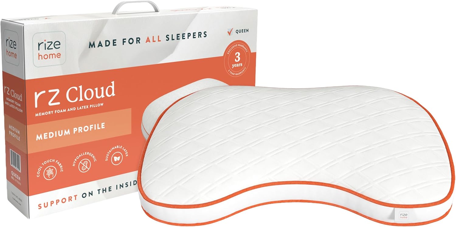 RZ Cloud Pillow – Shredded Latex & Memory Foam Pillow | Queen Size | Comfort Curve Design | Medium Profile w/Medium Soft Feel | Cool Touch & Hypoallergenic Fabric Cover