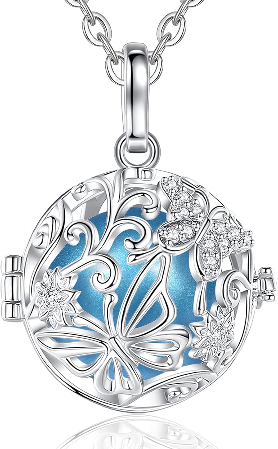 AEONSLOVE Harmony Ball Necklace for Pregnancy Gifts, Angel Chime Caller Bola Butterfly Pendant Necklace for Women Maternity Mom to be Jewelry, 30 & 45 Inch Chains