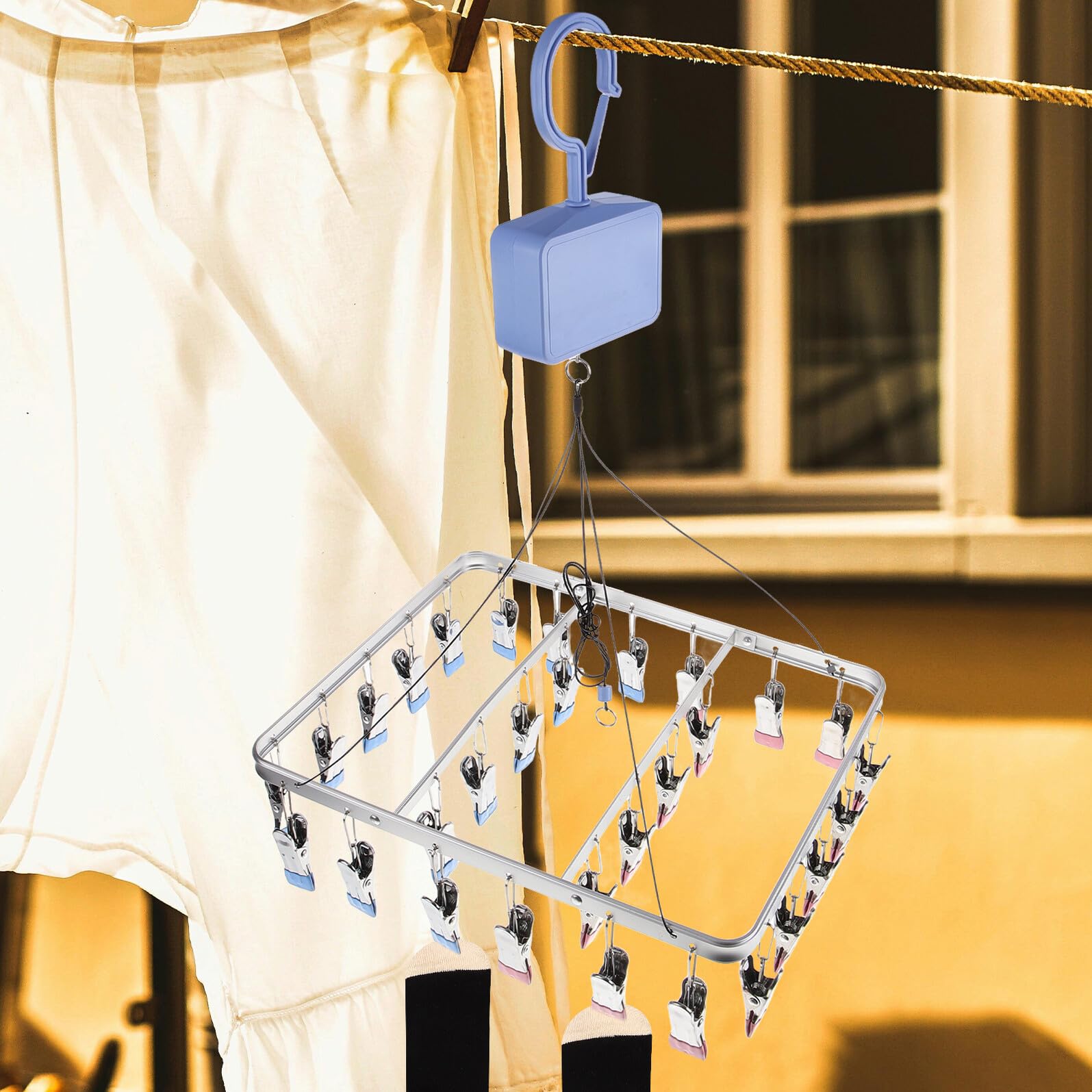 TOYANDONA Hebbarer Wäscheständer Aluminium Mit 30 Wäscheklammern Multifunktionaler Kleiderbügel Zum Trocknen Von Socken Und Unterwäsche Verschleißfest Und Stabil Für Balkon Und Haushalt