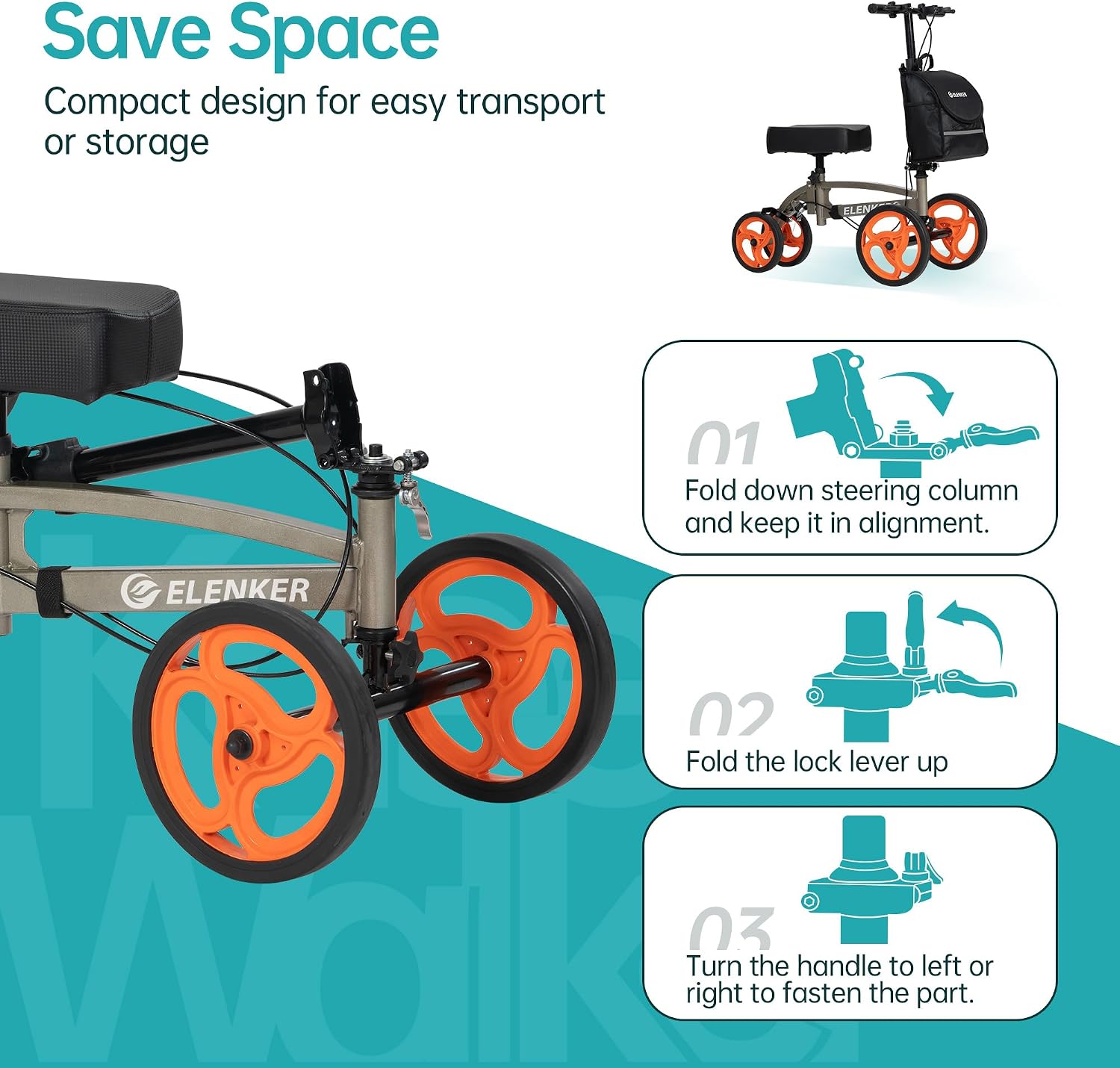 ELENKER Steerable Knee Scooter, Foldable Knee Walker with Basket Dual Braking System, Knee Scooters for or Angle and Injured Foot Broken Champagne