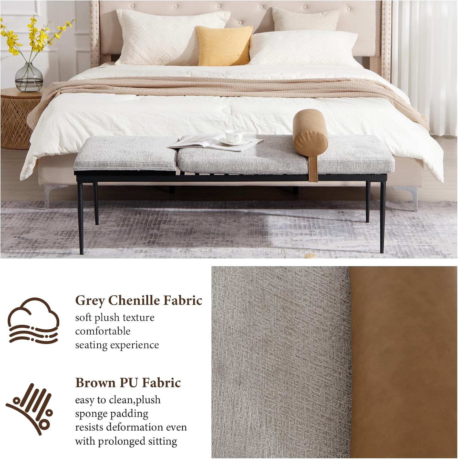 Modern 55" Entryway Bench with Storage Grey Linen & Brown PU Leather Upholstered Metal Ottoman for Bedroom Living Room Apartment