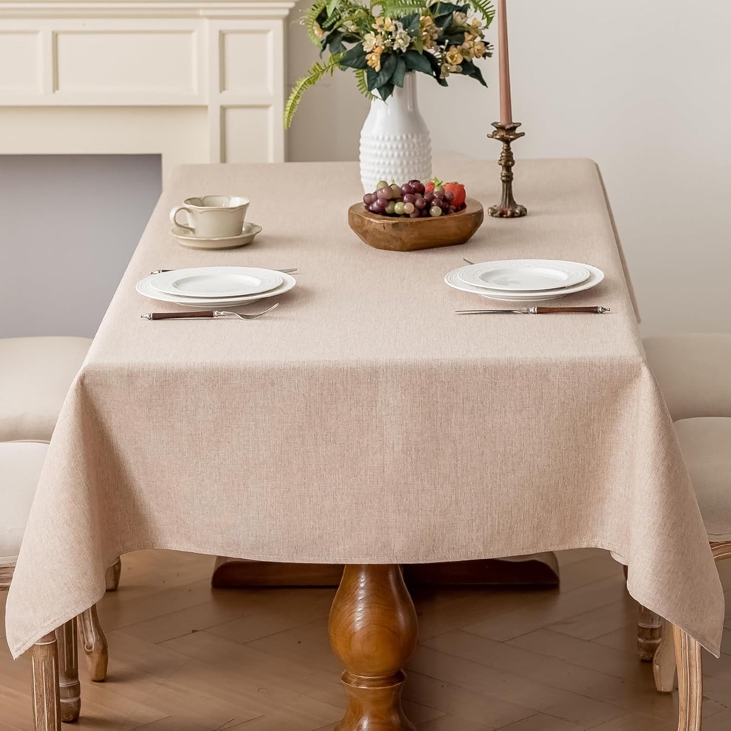 Beige Rectangle Tablecloth 55 x 86 Inch Linen Look Spillproof | Textured polyester fabric, water resistant, wipeable, washable, fits most 6-8 seats, dining, kitchen, patio