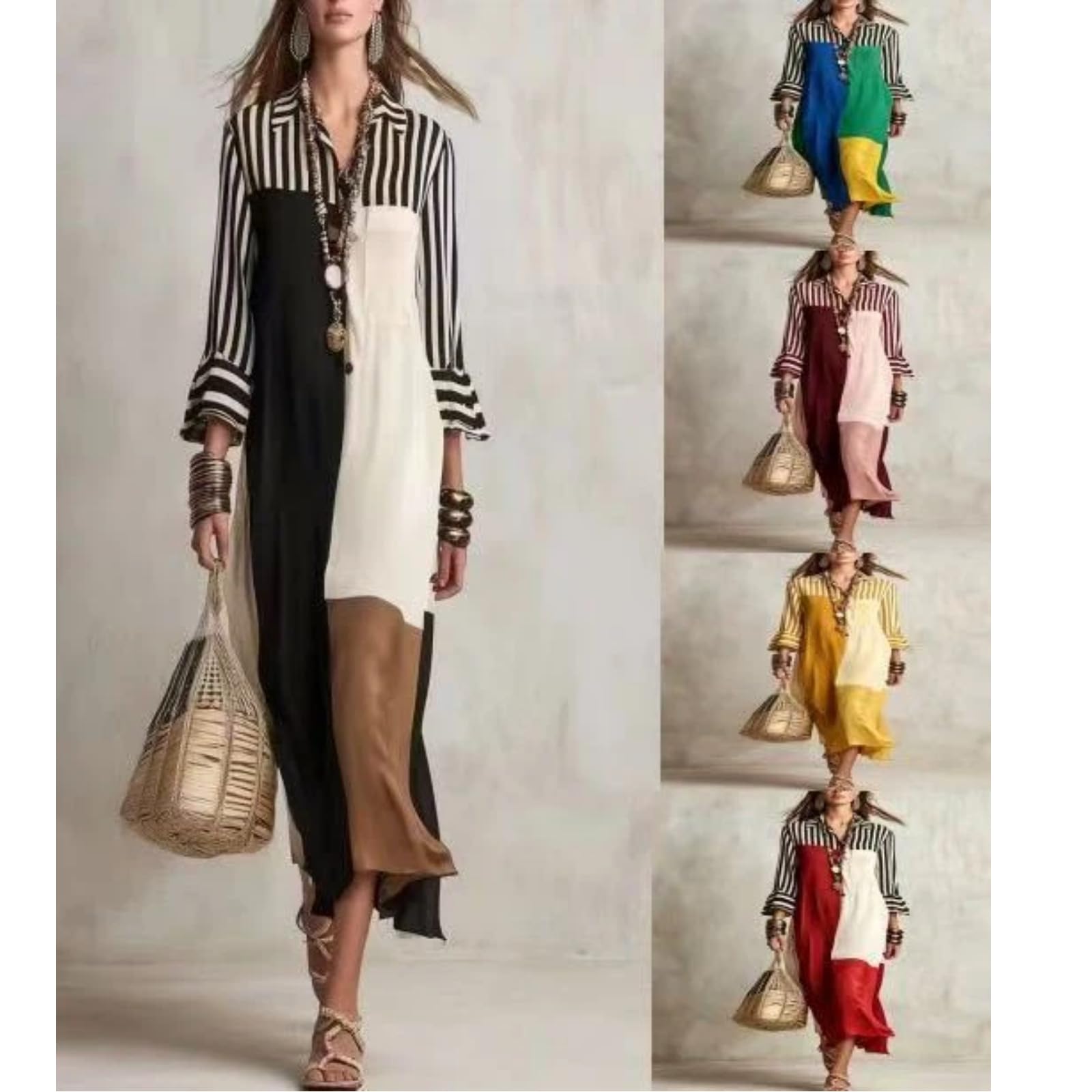 Vestido Camisa con Abertura, Bohemio Manga Larga