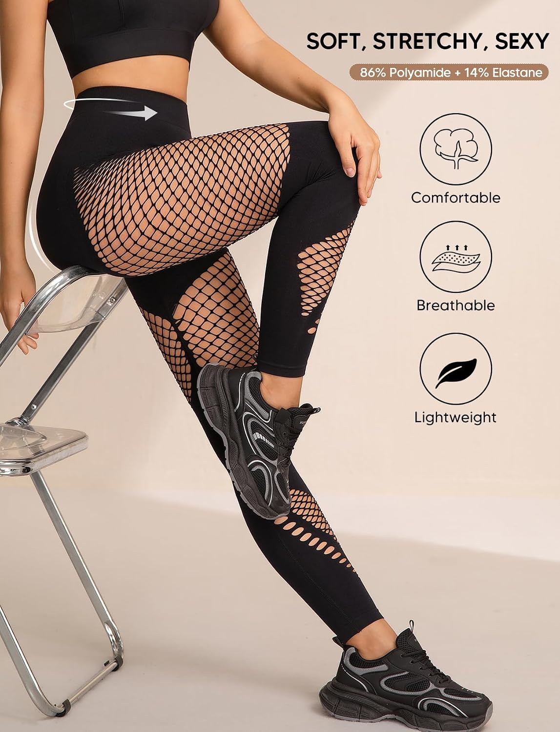 Fishnet Leggings for Women, High Waisted Tummy Control Cutout Legging, Soft Not See-Through Pants for Yoga/Casual