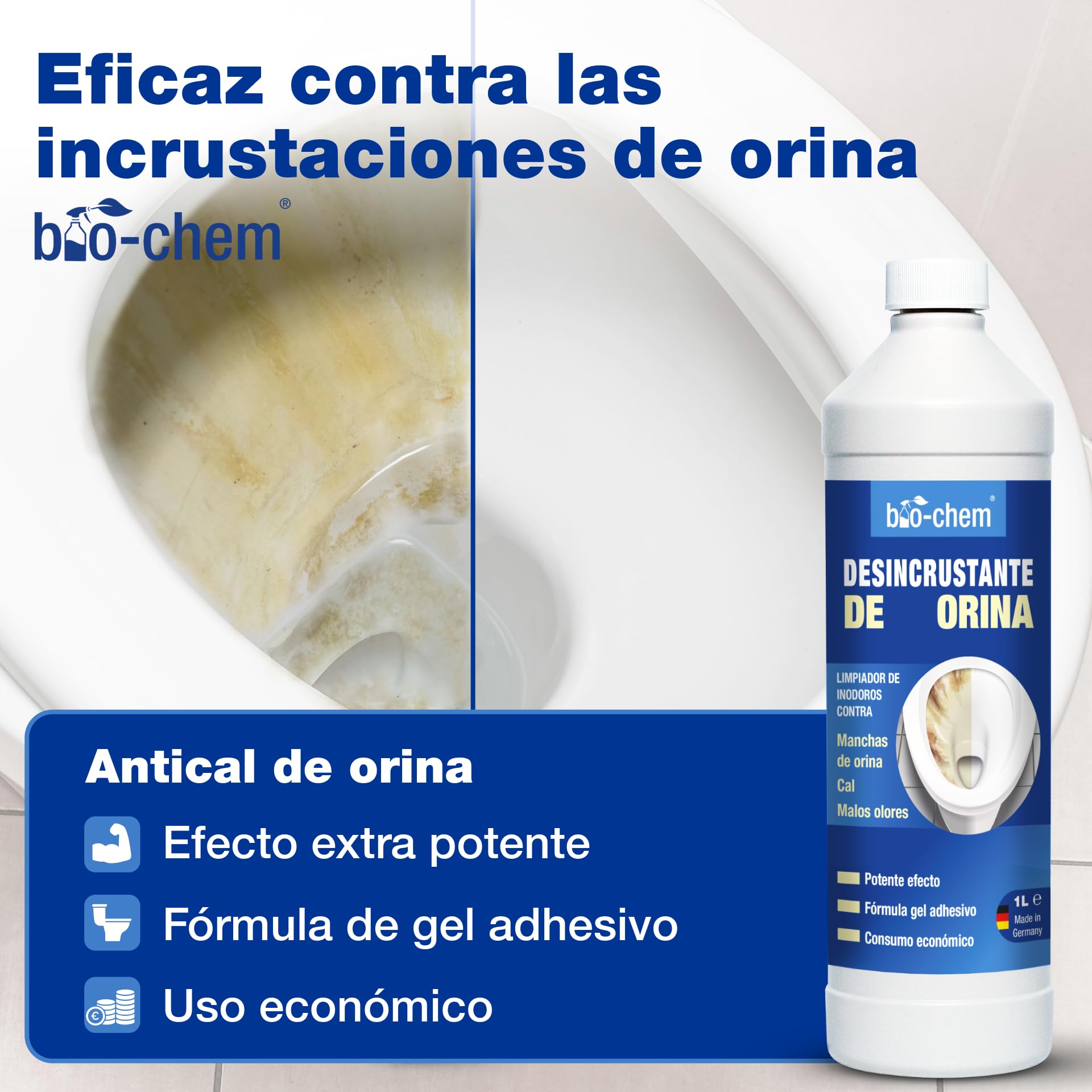 Bio-Chem - Detergentes baño - Desatascador de desagües 1 l - Limpiador de cal y orina 1 l - Producto para superficies de baño 750 ml – Basic Set 3 productos