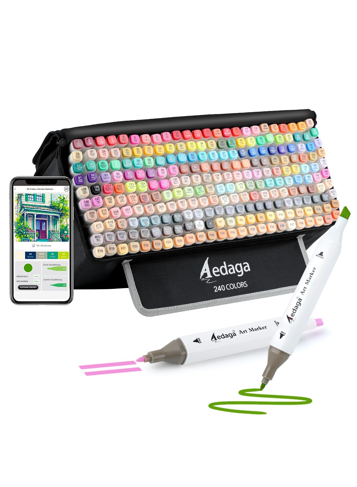 AEDAGA 240 Farben Alkohol Marker mit App, Doppelspitze Alcohol Marker mit Ständer-Etui für Erwachsene, Alkohol Stifte für Malen, Skizzieren & Zeichnen